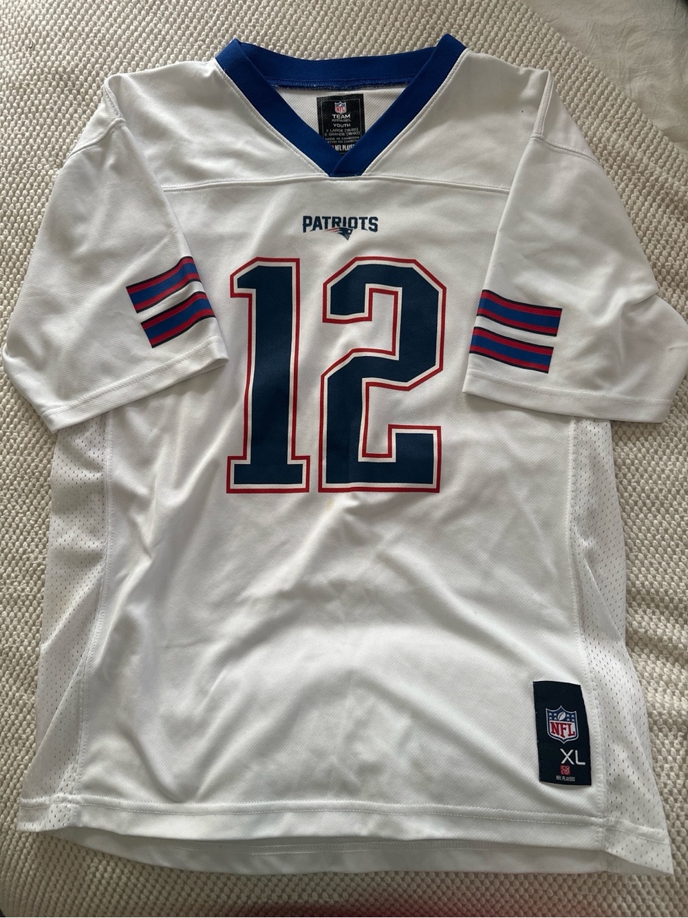 NFL White Patriots #12 Jersey with Navy and Red Accents
